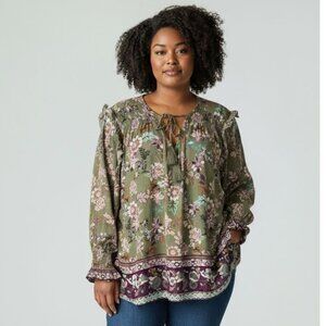 NWT Farmers Market Charming Art Floral Top Boho Shirt Metallic Olive XL
